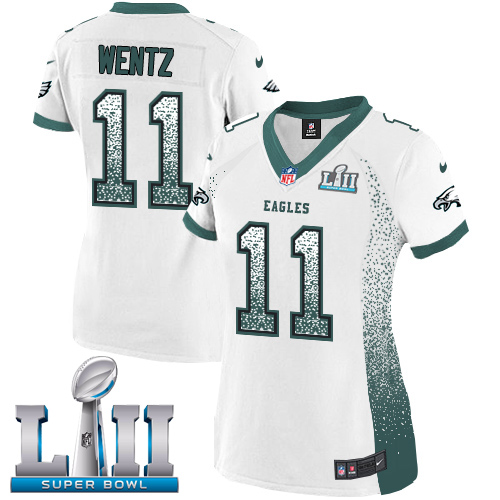 Nike Eagles #11 Carson Wentz White Super Bowl LII Women's Stitched NFL Elite Drift Fashion Jersey Nike Eagles #11 Carson Wentz White Super Bowl LII Women's Stitched NFL Elite Drift Fashion Jersey