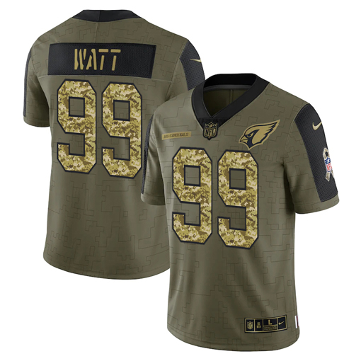Men's Arizona Cardinals #99 J.J. Watt 2021 Olive Camo Salute To Service Limited Stitched Jersey Men's Arizona Cardinals #99 J.J. Watt 2021 Olive Camo Salute To Service Limited Stitched Jersey