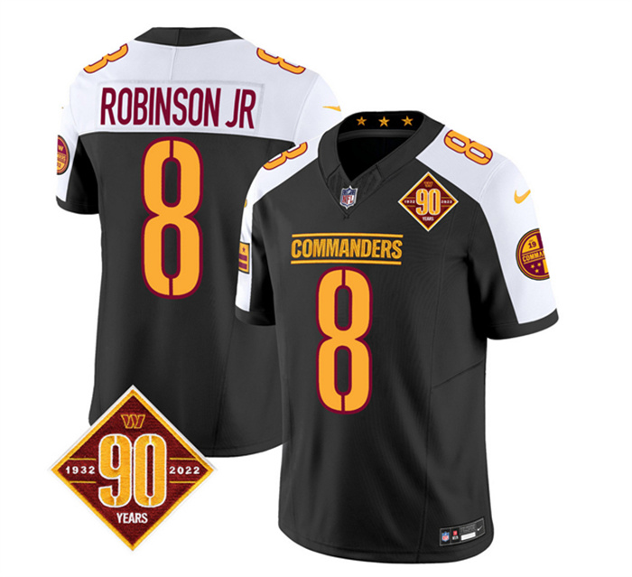 Men's Washington Commanders #8 Brian Robinson Black White 2023 F.U.S.E. 90th AnniversaryVapor Limited Stitched Football Jersey Men's Washington Commanders #8 Brian Robinson Black White 2023 F.U.S.E. 90th AnniversaryVapor Limited Stitched Football Jersey