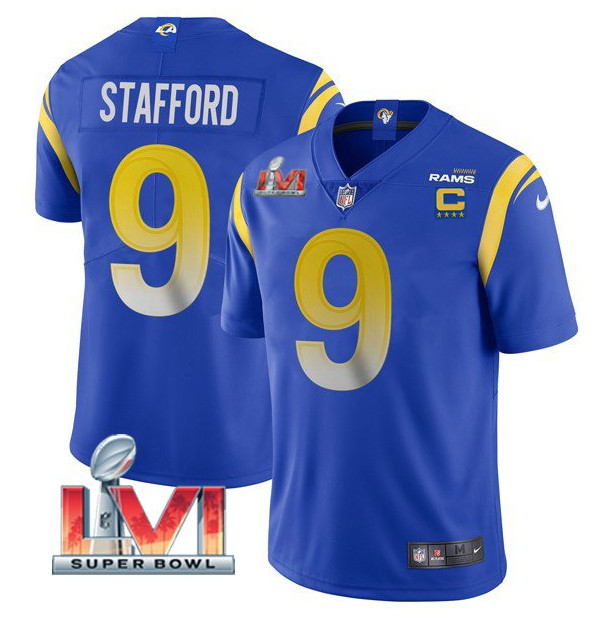 Women's Los Angeles Rams #9 Matthew Stafford Royal 2022 With C Patch Super Bowl LVI Vapor Limited Stitched Jersey Women's Los Angeles Rams #9 Matthew Stafford Royal 2022 With C Patch Super Bowl LVI Vapor Limited Stitched Jersey