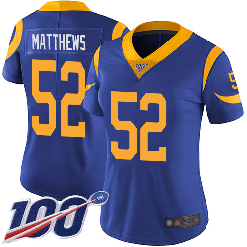 Rams #52 Clay Matthews Royal Blue Alternate Women's Stitched Football 100th Season Vapor Limited Jersey Rams #52 Clay Matthews Royal Blue Alternate Women's Stitched Football 100th Season Vapor Limited Jersey