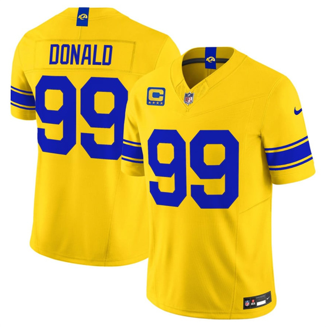 Women's Los Angeles Rams #99 Aaron Donald Gold Classic Sol 2026 F.U.S.E. 4-Star C Patch Vapor Limited Stitched Football Jersey(Run Small)