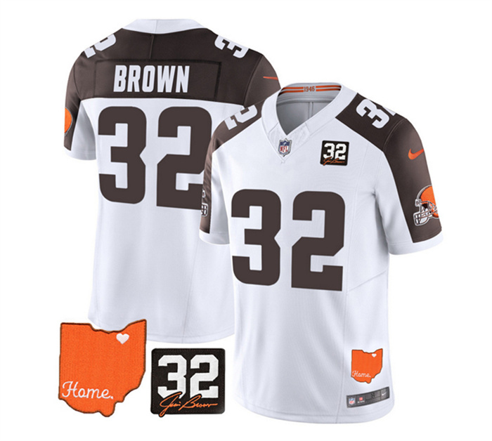 Custom Men's Cleveland Browns White Brown 2023 F.U.S.E. With Jim Brown Memorial Patch Vapor Untouchable Limited Stitched Jersey Custom Men's Cleveland Browns White Brown 2023 F.U.S.E. With Jim Brown Memorial Patch Vapor Untouchable Limited Stitched Jersey