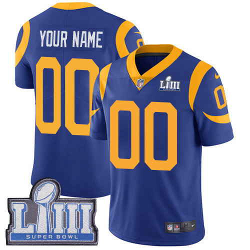 Men's Customized Los Angeles Rams Vapor Untouchable Super Bowl LIII Bound Limited Royal Blue Nike NFL Alternate Jersey Men's Customized Los Angeles Rams Vapor Untouchable Super Bowl LIII Bound Limited Royal Blue Nike NFL Alternate Jersey