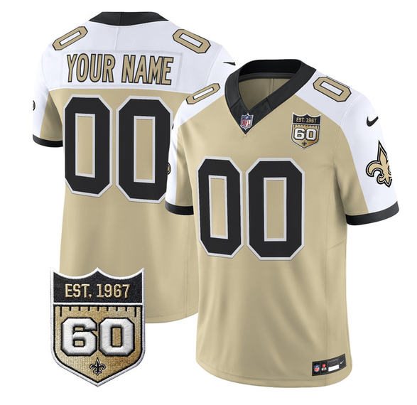 Men's New Orleans Saints Active Player Custom Gold Alternate F.U.S.E. 60th Anniversary Patch Vapor Limited Stitched Football Jersey Men's New Orleans Saints Active Player Custom Gold Alternate F.U.S.E. 60th Anniversary Patch Vapor Limited Stitched Football Jersey