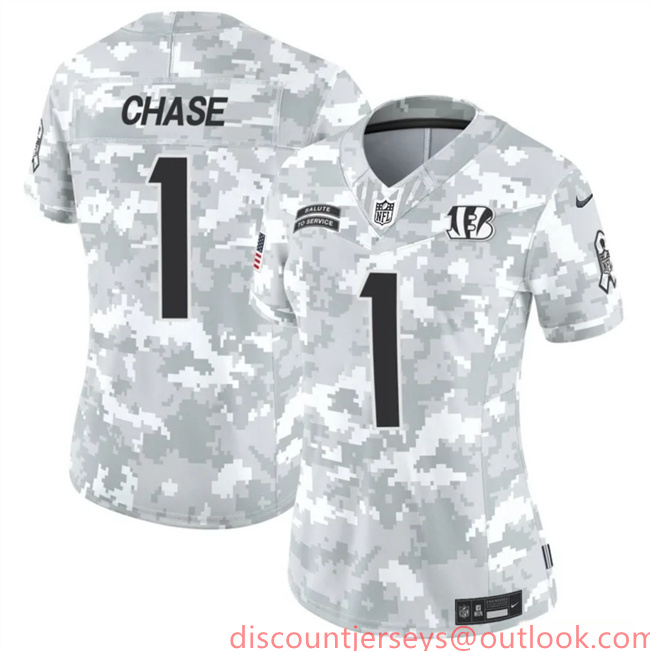 Women's Cincinnati Bengals #1 Ja'Marr Chase 2024 F.U.S.E Arctic Camo Salute To Service Limited Stitched Football Jersey(Run Small) Women's Cincinnati Bengals #1 Ja'Marr Chase 2024 F.U.S.E Arctic Camo Salute To Service Limited Stitched Football Jersey(Run Small)