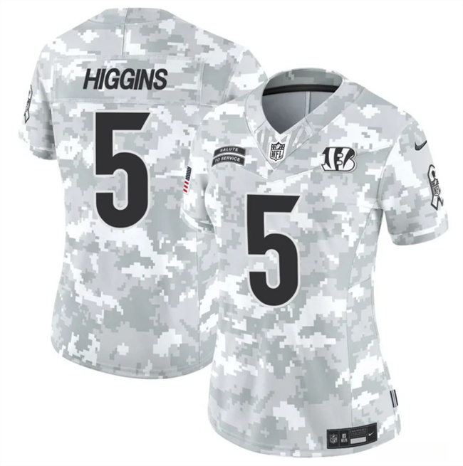Women's Cincinnati Bengals #5 Tee Higgins 2024 F.U.S.E Arctic Camo Salute To Service Limited Stitched Football Jersey(Run Small) Women's Cincinnati Bengals #5 Tee Higgins 2024 F.U.S.E Arctic Camo Salute To Service Limited Stitched Football Jersey(Run Small)