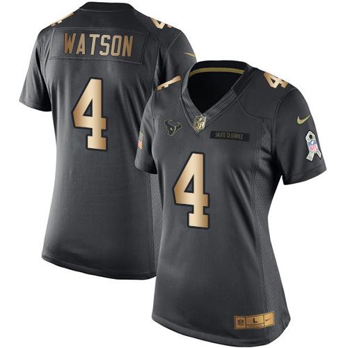 Nike Texans #4 Deshaun Watson Black Women's Stitched NFL Limited Gold Salute to Service Jersey Nike Texans #4 Deshaun Watson Black Women's Stitched NFL Limited Gold Salute to Service Jersey