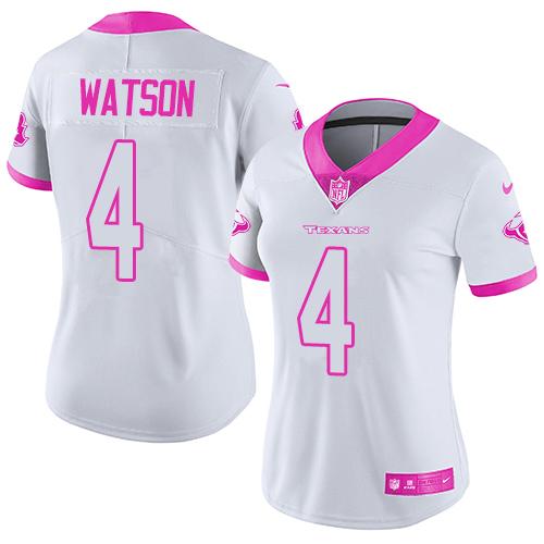 Nike Texans #4 Deshaun Watson White Pink Women's Stitched NFL Limited Rush Fashion Jersey Nike Texans #4 Deshaun Watson White Pink Women's Stitched NFL Limited Rush Fashion Jersey