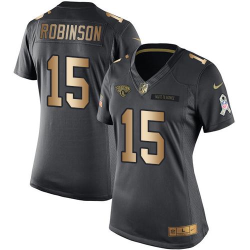 Nike Jaguars #15 Allen Robinson Black Women's Stitched NFL Limited Gold Salute to Service Jersey Nike Jaguars #15 Allen Robinson Black Women's Stitched NFL Limited Gold Salute to Service Jersey