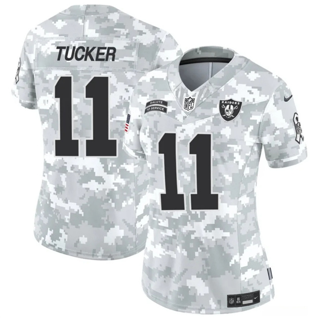 Women's Las Vegas Raiders #11 Tre Tucker 2024 F.U.S.E Arctic Camo Salute To Service Limited Stitched Jersey(Run Small) Women's Las Vegas Raiders #11 Tre Tucker 2024 F.U.S.E Arctic Camo Salute To Service Limited Stitched Jersey(Run Small)