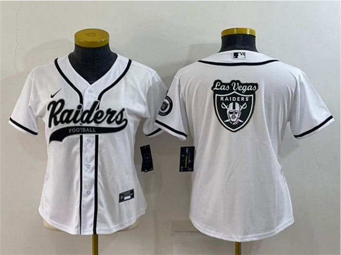 Women's Las Vegas Raiders White Team Big Logo With Patch Cool Base Stitched Baseball Jersey(Run Small) Women's Las Vegas Raiders White Team Big Logo With Patch Cool Base Stitched Baseball Jersey(Run Small)