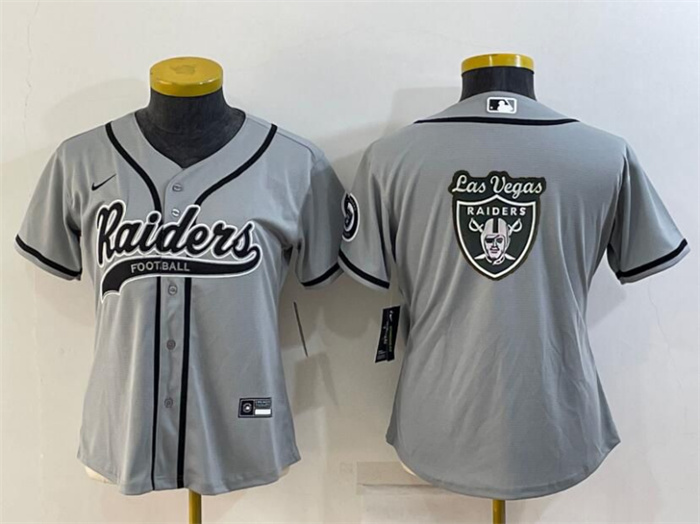 Women's Las Vegas Raiders Grey Team Big Logo With Patch Cool Base Stitched Baseball Jersey(Run Small) Women's Las Vegas Raiders Grey Team Big Logo With Patch Cool Base Stitched Baseball Jersey(Run Small)