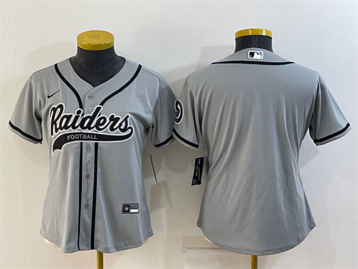Women's Las Vegas Raiders Blank Grey With Patch Cool Base Stitched Baseball Jersey(Run Small) Women's Las Vegas Raiders Blank Grey With Patch Cool Base Stitched Baseball Jersey(Run Small)