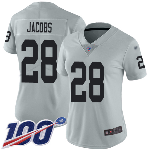 Raiders #28 Josh Jacobs Silver Women's Stitched Football Limited Inverted Legend 100th Season Jersey Raiders #28 Josh Jacobs Silver Women's Stitched Football Limited Inverted Legend 100th Season Jersey