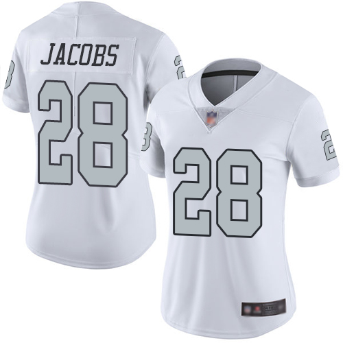 Raiders #28 Josh Jacobs White Women's Stitched Football Limited Rush Jersey Raiders #28 Josh Jacobs White Women's Stitched Football Limited Rush Jersey
