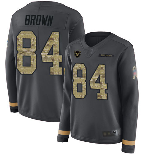 Raiders #84 Antonio Brown Anthracite Salute to Service Women's Stitched Football Limited Therma Long Sleeve Jersey Raiders #84 Antonio Brown Anthracite Salute to Service Women's Stitched Football Limited Therma Long Sleeve Jersey