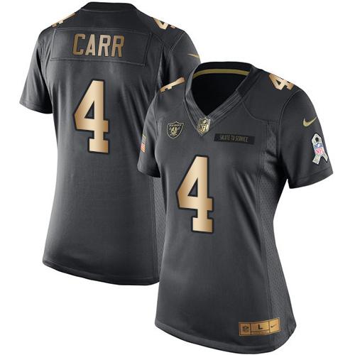 Nike Raiders #4 Derek Carr Black Women's Stitched NFL Limited Gold Salute to Service Jersey Nike Raiders #4 Derek Carr Black Women's Stitched NFL Limited Gold Salute to Service Jersey