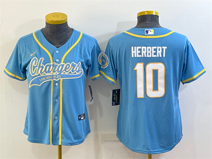 Women's Los Angeles Chargers #10 Justin Herbert Blue With Patch Cool Base Stitched Baseball Jersey(Run Small) Women's Los Angeles Chargers #10 Justin Herbert Blue With Patch Cool Base Stitched Baseball Jersey(Run Small)