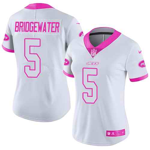 Nike Jets 5 Teddy Bridgewater White Pink Women Rush Fashion Limited Jersey Nike Jets 5 Teddy Bridgewater White Pink Women Rush Fashion Limited Jersey