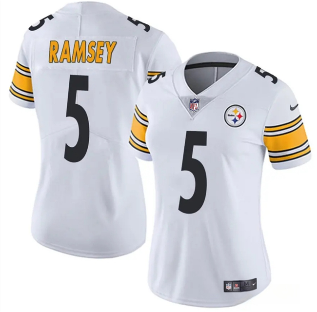 Women's Pittsburgh Steelers #5 Jalen Ramsey White 2025 Vapor Untouchable Limited Stitched Football Jersey(Run Small) Women's Pittsburgh Steelers #5 Jalen Ramsey White 2025 Vapor Untouchable Limited Stitched Football Jersey(Run Small)