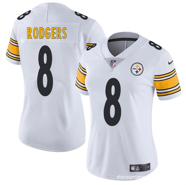 Women's Pittsburgh Steelers #8 Aaron Rodgers White 2025 Vapor Untouchable Limited Stitched Football Jersey(Run Small) Women's Pittsburgh Steelers #8 Aaron Rodgers White 2025 Vapor Untouchable Limited Stitched Football Jersey(Run Small)