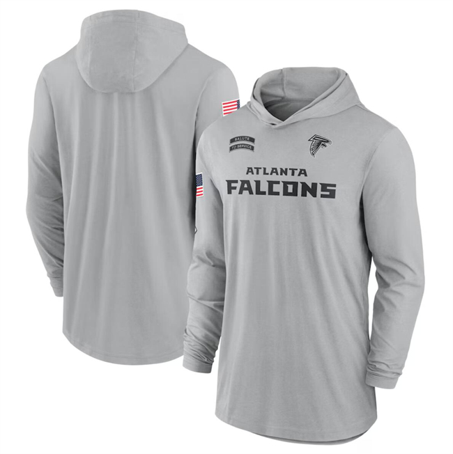 Men's Atlanta Falcons 2024 Gray Salute To Service Lightweight Performance Long Sleeve Hooded T-Shirt Men's Atlanta Falcons 2024 Gray Salute To Service Lightweight Performance Long Sleeve Hooded T-Shirt