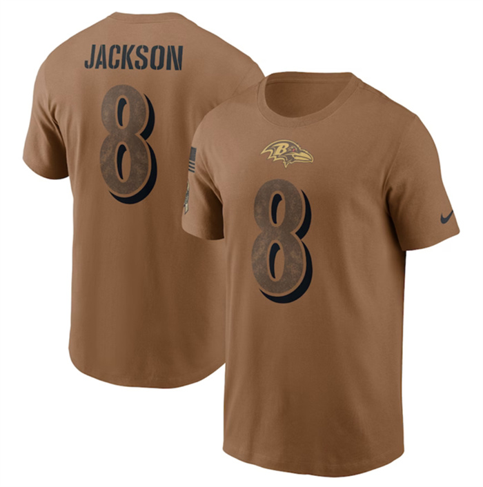 Men's Baltimore Ravens #8 Lamar Jackson 2023 Brown Salute To Service Name & Number T-Shirt Men's Baltimore Ravens #8 Lamar Jackson 2023 Brown Salute To Service Name & Number T-Shirt