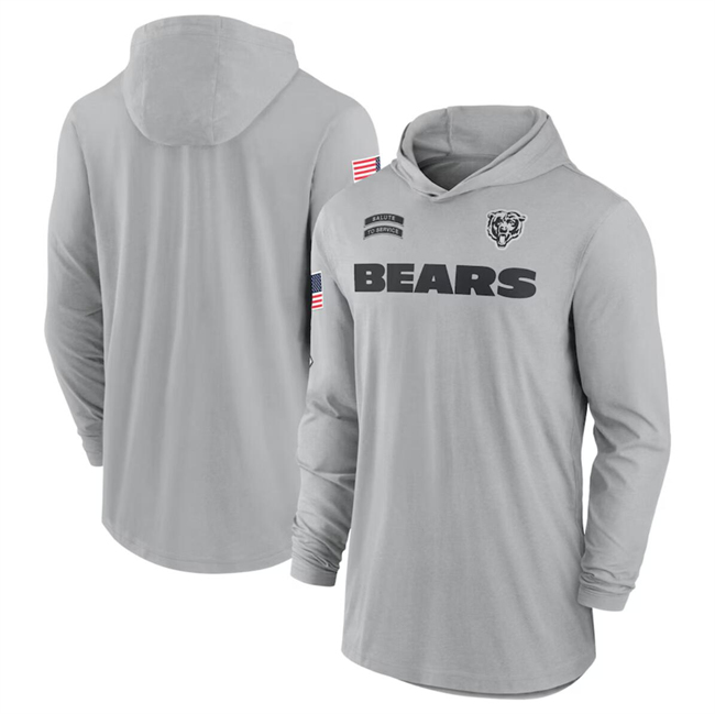 Men's Chicago Bears 2024 Gray Salute To Service Lightweight Performance Long Sleeve Hooded T-Shirt Men's Chicago Bears 2024 Gray Salute To Service Lightweight Performance Long Sleeve Hooded T-Shirt