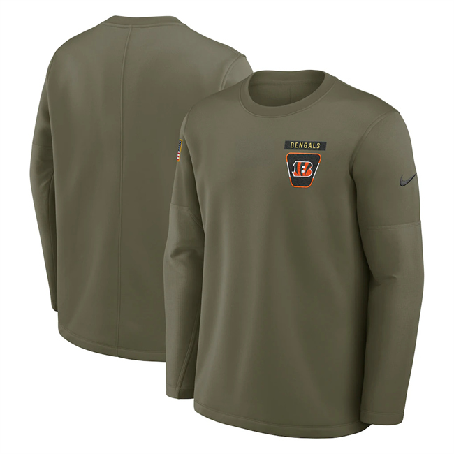 Men's Cincinnati Bengals Olive 2025 Salute to Service Sideline Coaches Therma-FIT Long Sleeve Shirt Men's Cincinnati Bengals Olive 2025 Salute to Service Sideline Coaches Therma-FIT Long Sleeve Shirt