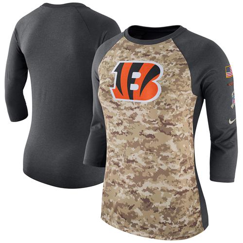 Women's Cincinnati Bengals Nike Camo Charcoal Salute to Service Legend Three-Quarter Raglan Sleeve T-Shirt Women's Cincinnati Bengals Nike Camo Charcoal Salute to Service Legend Three-Quarter Raglan Sleeve T-Shirt