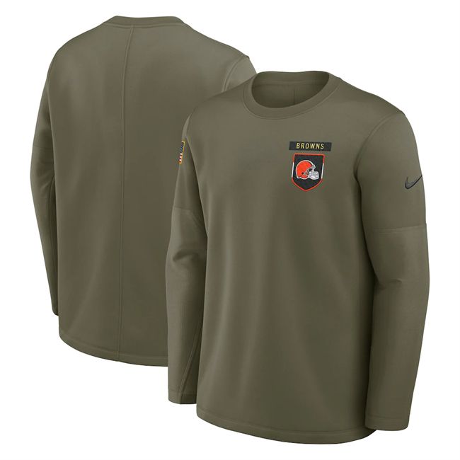 Men's Cleveland Browns Olive 2025 Salute to Service Sideline Coaches Therma-FIT Long Sleeve Shirt Men's Cleveland Browns Olive 2025 Salute to Service Sideline Coaches Therma-FIT Long Sleeve Shirt