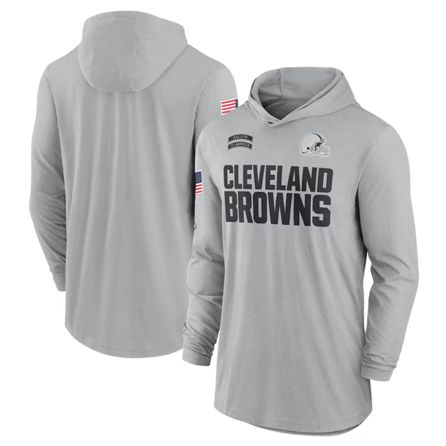 Men's Cleveland Browns 2024 Gray Salute To Service Lightweight Performance Long Sleeve Hooded T-Shirt Men's Cleveland Browns 2024 Gray Salute To Service Lightweight Performance Long Sleeve Hooded T-Shirt