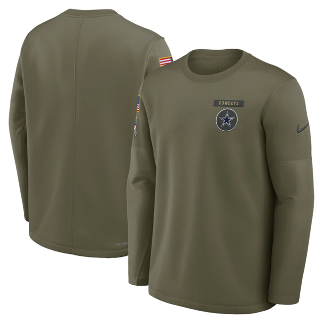 Men's Dallas Cowboys Olive 2025 Salute to Service Sideline Coaches Therma-FIT Long Sleeve Shirt Men's Dallas Cowboys Olive 2025 Salute to Service Sideline Coaches Therma-FIT Long Sleeve Shirt