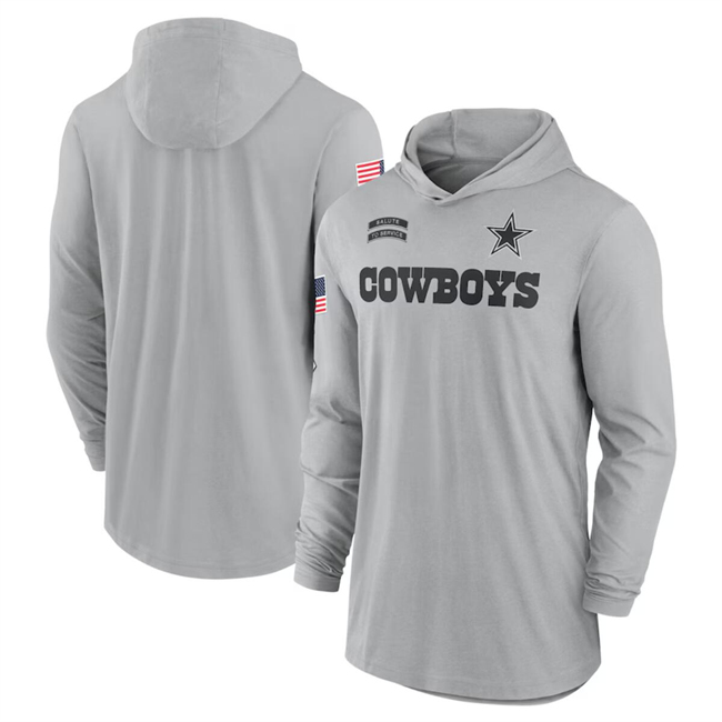 Men's Dallas Cowboys 2024 Gray Salute To Service Lightweight Performance Long Sleeve Hooded T-Shirt Men's Dallas Cowboys 2024 Gray Salute To Service Lightweight Performance Long Sleeve Hooded T-Shirt