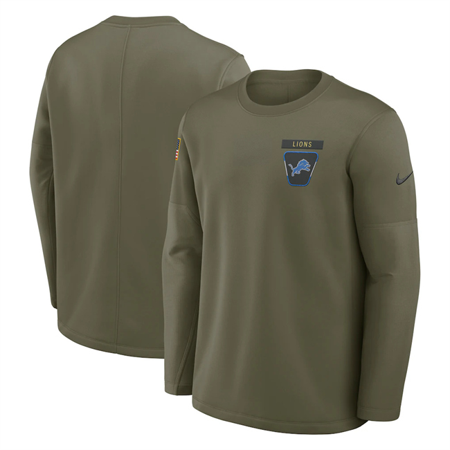Men's Detroit Lions Olive 2025 Salute to Service Sideline Coaches Therma-FIT Long Sleeve Shirt Men's Detroit Lions Olive 2025 Salute to Service Sideline Coaches Therma-FIT Long Sleeve Shirt