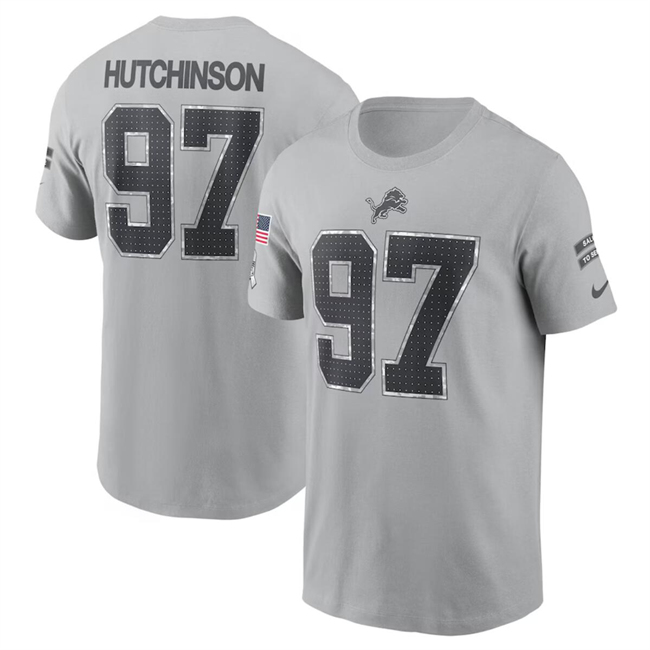 Men's Detroit Lions #97 Aidan Hutchinson 2024 Gray Salute To Service Name & Number T-Shirt Men's Detroit Lions #97 Aidan Hutchinson 2024 Gray Salute To Service Name & Number T-Shirt