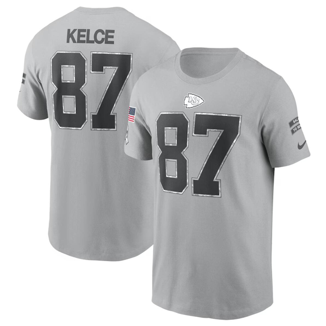Men's Kansas City Chiefs #87 Travis Kelce 2024 Gray Salute To Service Name & Number T-Shirt Men's Kansas City Chiefs #87 Travis Kelce 2024 Gray Salute To Service Name & Number T-Shirt