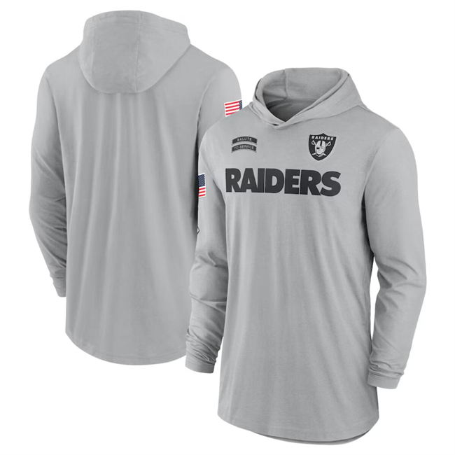 Men's Las Vegas Raiders 2024 Gray Salute To Service Lightweight Performance Long Sleeve Hooded T-Shirt Men's Las Vegas Raiders 2024 Gray Salute To Service Lightweight Performance Long Sleeve Hooded T-Shirt