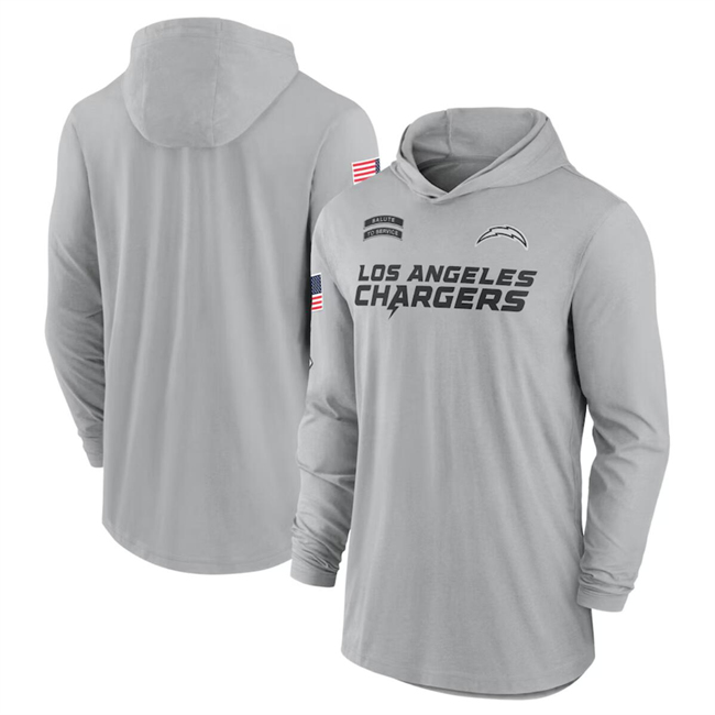 Men's Los Angeles Chargers 2024 Gray Salute To Service Lightweight Performance Long Sleeve Hooded T-Shirt Men's Los Angeles Chargers 2024 Gray Salute To Service Lightweight Performance Long Sleeve Hooded T-Shirt