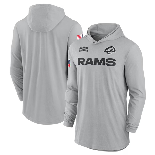 Men's Los Angeles Rams 2024 Gray Salute To Service Lightweight Performance Long Sleeve Hooded T-Shirt Men's Los Angeles Rams 2024 Gray Salute To Service Lightweight Performance Long Sleeve Hooded T-Shirt