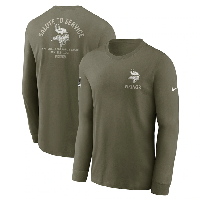 Men's Minnesota Vikings Olive 2025 Salute to Service Sideline Long Sleeve T-Shirt Men's Minnesota Vikings Olive 2025 Salute to Service Sideline Long Sleeve T-Shirt