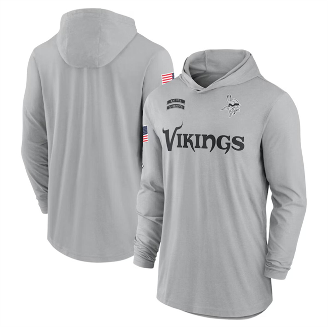 Men's Minnesota Vikings 2024 Gray Salute To Service Lightweight Performance Long Sleeve Hooded T-Shirt Men's Minnesota Vikings 2024 Gray Salute To Service Lightweight Performance Long Sleeve Hooded T-Shirt