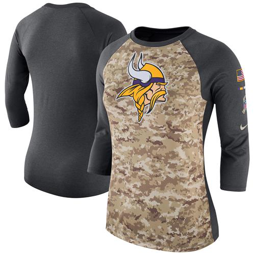 Women's Minnesota Vikings Nike Camo Charcoal Salute to Service Legend Three-Quarter Raglan Sleeve T-Shirt Women's Minnesota Vikings Nike Camo Charcoal Salute to Service Legend Three-Quarter Raglan Sleeve T-Shirt