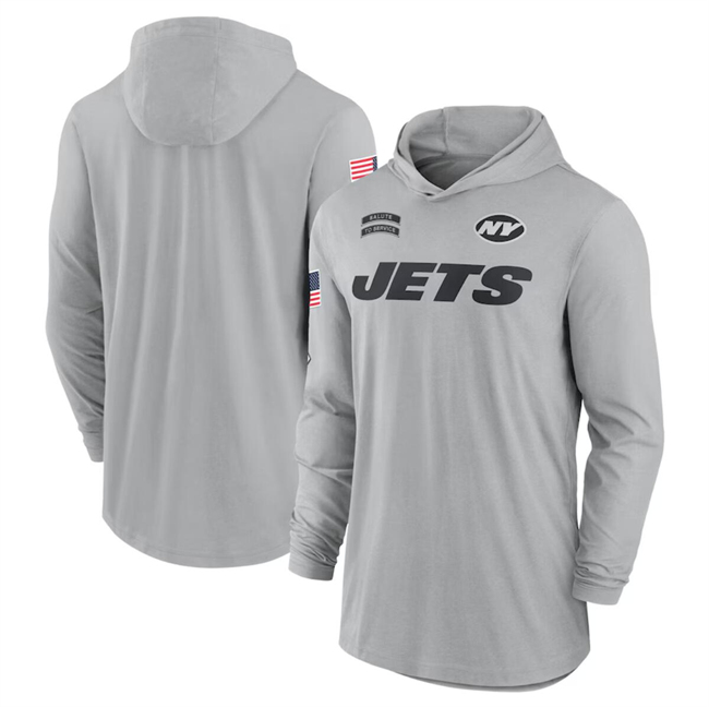 Men's New York Jets 2024 Gray Salute To Service Lightweight Performance Long Sleeve Hooded T-Shirt Men's New York Jets 2024 Gray Salute To Service Lightweight Performance Long Sleeve Hooded T-Shirt