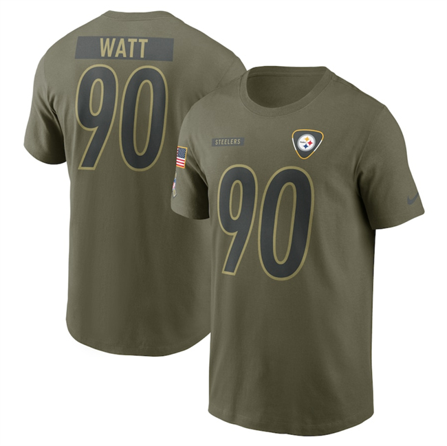 Men's Pittsburgh Steelers #90 T.J. Watt Olive 2025 Salute to Service Name & Number T-Shirt Men's Pittsburgh Steelers #90 T.J. Watt Olive 2025 Salute to Service Name & Number T-Shirt