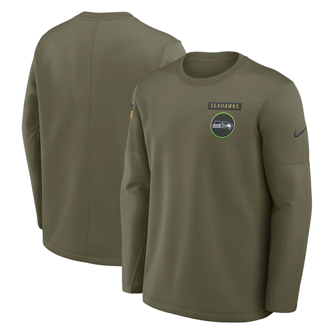 Men's Seattle Seahawks Olive 2025 Salute to Service Sideline Coaches Therma-FIT Long Sleeve Shirt Men's Seattle Seahawks Olive 2025 Salute to Service Sideline Coaches Therma-FIT Long Sleeve Shirt