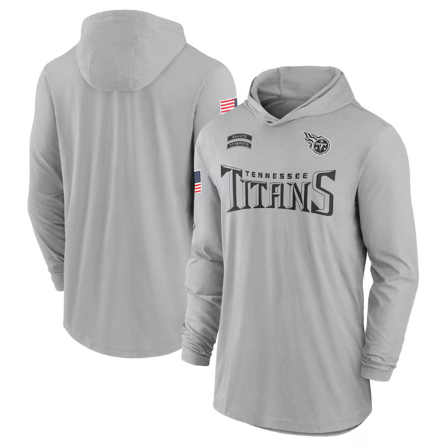 Men's Tennessee Titans 2024 Gray Salute To Service Lightweight Performance Long Sleeve Hooded T-Shirt Men's Tennessee Titans 2024 Gray Salute To Service Lightweight Performance Long Sleeve Hooded T-Shirt