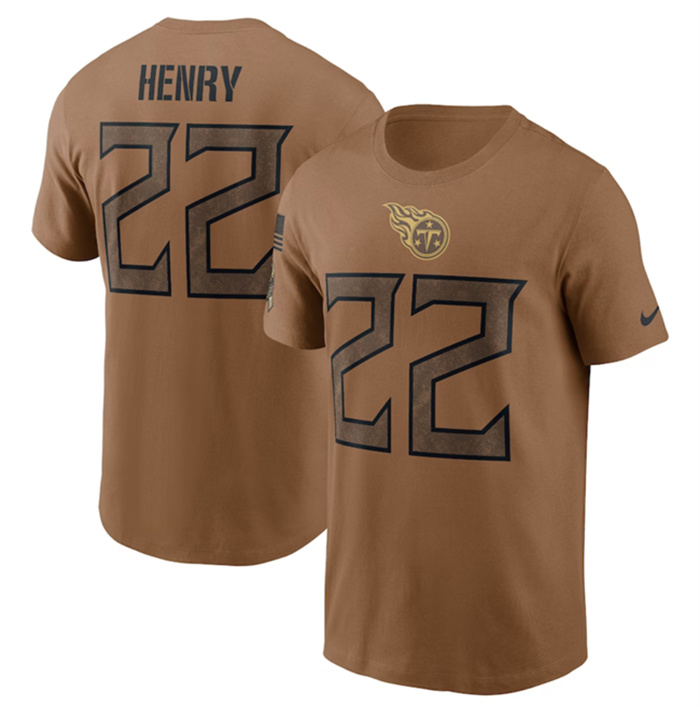 Men's Tennessee Titans #22 Derrick Henry 2023 Brown Salute To Service Name & Number T-Shirt Men's Tennessee Titans #22 Derrick Henry 2023 Brown Salute To Service Name & Number T-Shirt