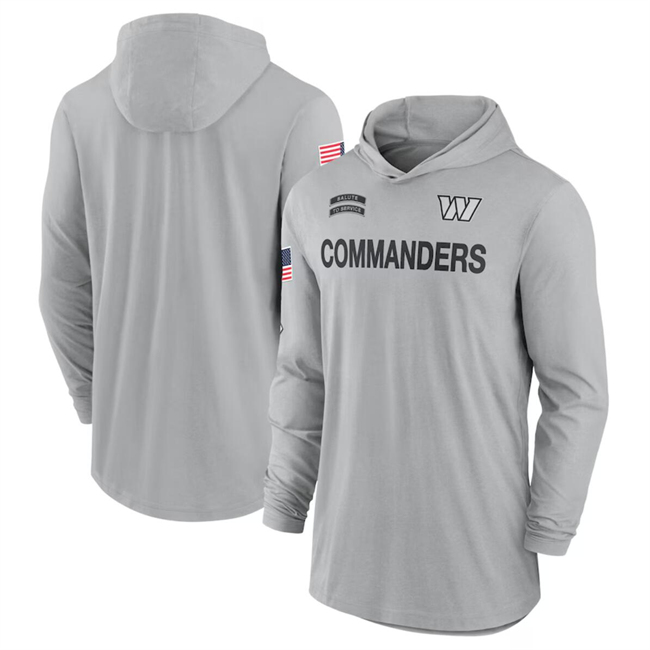 Men's Washington Commanders 2024 Gray Salute To Service Lightweight Performance Long Sleeve Hooded T-Shirt Men's Washington Commanders 2024 Gray Salute To Service Lightweight Performance Long Sleeve Hooded T-Shirt